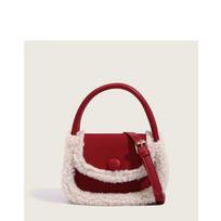 Red Cute Lamb Wool Crossbody Bag Mini Square Bag Texture Faux Suede Splice Fluffy Christmas Style Handbag Korean Shoulder Pack Mini(Max Length<20cm)