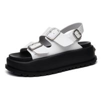2024 High Quality Leather Women Platform Sandals Double Button Sandals Open Toe Thick Soled Sandals Roman Girls Beach Shoes 35
