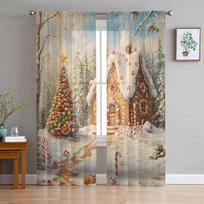 Christmas Tree Gingerbread House Fairy Tale Curtains For Living Room Bedroom Home Decoration Window Voile Tulle Curtain Drapes W135 x H114cm