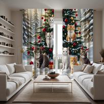 2 pieces of HD Christmas tree on the cat snow decorative curtain Yellow tie digital printed curtain home decoration style decora W52H63inchW132H160cm black