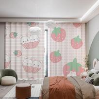 Children's Room Bedroom Thick Blackout Curtains Cute Cartoon Pink Strawberry Rabbit Bear Girl Room Shading Curtain 2 Pieces W55 X H120cm X 2&HOOK
