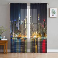 Manheteno miesto naktinio vaizdo permatomos užuolaidos gyvenamojo kambario dekoravimui Tiulis Voile Organza langų užuolaidos virtuvės miegamajam W135 x H115cm x1&Grommet Top gray