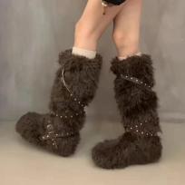 Fashion Fur Women Flats High Boots Winter Designer Knee High Shoes Woman 2025 Trend Fashion Warm Snow Short Plush Motorcycle Boots Mujer 35 ruda