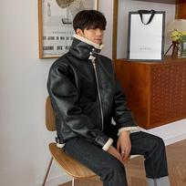 Lamb Fur One-piece Men's Short Fur Collar Leather Jacket Winter Velvet Thickened Leather Jacket 2XL juoda