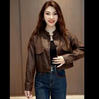 Hong Kong style retro leather jacket for women, autumn and winter style stand collar short coat, fashionable and versatile leather jacket top M