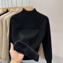 Women's Autumn and Winter Nail Bead Warm One-piece Velvet Semi High Neck Sweater with Thickened Lace Edge Knitted Base L juoda