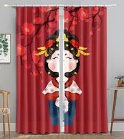 Chinese Cartoon Maid TraditionalOpera Blackout Window Curtain for Living Room Bedroom Bathroom Kicthen Door Cupboard Decor Hooks W50 X H130(CM)X2&Hook