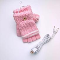 USB šildomos pirštinės be pirštų su atlenkiamu viršumi, apsauga nuo šalčio ir šiluma važiuojant ir vairuojant, megztos vilnonės, mielos vidurinės mokyklos mokinės average size pink