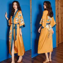 Kinietiško stiliaus moteriški naktiniai marškiniai su ilgu chalatu Retro satino miegui naktiniai marškinėliai pusrankoviais kimono chalatas, laisvas namų dėvėjimas one size brown