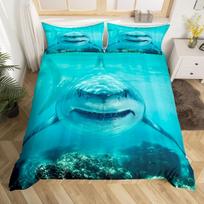 3pcs Vibrant 3D Shark Bedding Set - Soft, Ocean-Inspired Duvet Cover with Shark Fish Print, Breathable, Hypoallergenic,No Filler Eu-Single135x200cm