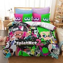 Populiarus Splatoon 2 3D patalynės komplektas Karalienė Karalius Viengulis Dvigulis Užvalkalas ant antklodės Pagalvės užvalkalas Vaikams Animacinis komiksų antklodės užvalkalų komplektai 140x210cm green