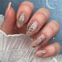 24 Pieces New Year's Wear Nail Almond Nail Piece Year of The Snake Metal Nail Art False Nail Star Moon Wear Nail Piece