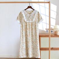 New Summer Women's Sleeping Skirt 100% Cotton Crepe Short Sleeve Long Skirt Thin Cute Sweet Lace V-neck Sleeping Skirt M