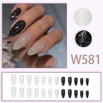24 Pieces  long almond nail glitter flash nail art fashion style black and white jumping color can be reused 24 pieces