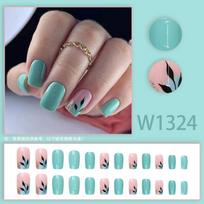 24 Pieces Leaf buling glitter green temperament simple new product simple autumn and winter white  nail wear nail