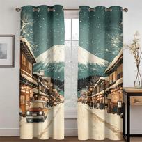 Classic Cartoon Mount Fuji Curtain Snow Street Atmosphere 2 Panel Living Room Bedroom Kitchen Balcony Window Decor 50W130H(CM)X2PCS&Grommet Top gray