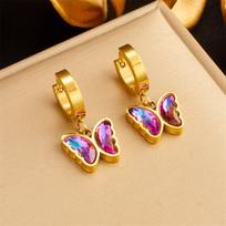 Stainless Steel Butterfly Pentagram Colorful Purple Crystal Earrings for Women Girl Jewelry Holiday Gift