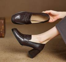 Krazing Pot Sheepskin Fashion Spring Autumn Thick High Heels Women Round Toe Office Lady Retro Fashion Pumps 35 ruda
