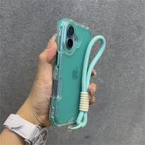 Luxury Matte Clear Shockproof Wrist Strap Lanyard Phone Case for iPhone 15 11 12 13 14 16 Pro Max Plus Hybrid Bumper Armor Cover For iPhone 16&Case & Strap mėtų žalios spalvos