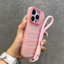 Luxury Lens Bracket Protection Wrist Hand Strap Phone Case For iPhone 16 15 11 12 13 14Pro Max Shockproof Heat Dissipation Cover For iPhone 15&Case & Strap rožinė