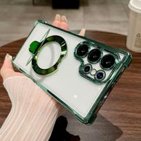 Luxury Plating Ring Stand Holder Magnetic Case For Samsung S24 Ultra S23 FE S22 Plus Note 20 Transparent Wireless Charging Cover For S24 black