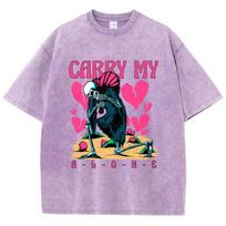 Carry My Alone Print Female Wash T-Shirt Summer O-Neck T Shirts Street Distress Clothing Breathable Soft Short Sleeve S