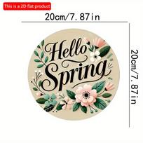 2D flat 20*20cm1pc Hello Spring Green leaves and flowers patterns Wooden Hanging Sign Spring Rustic Round Art Plaques Sign for Toilet Home Living Room 20*20cm