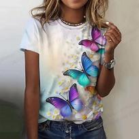 Summer Round Neck 3D Butterfly Flower Pattern Printed Top Fashionable Casual Short Sleeved Women's T-shirts S