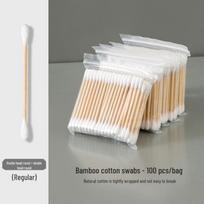 Dvipusiai vatos pagaliukai ausų valymui ir makiažui, vienkartiniai ir higieniški, medinė rankenėlė, speciali buitinė pakuotė. beige