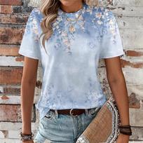 Summer Round Neck 3D Flower Gradient Print Top Fashionable Casual Short Sleeved Women's T-shirts XS