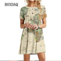 2022 Summer Women Dress World Map Print Short Sleeve O-Neck Casual Loose Dress Fashion Street Ladies Oversized Clothing Vestidos S