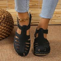 Womens Wedge Sandals 2024new Hook & Loop Designer Hollow Baotou Sandals Summer Versatile Solid Color Thick Sole Zapatillas Mujer 35 juoda