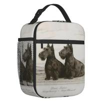 Snowy Scottie Dog Insulated Lunch Bags for Work School Scottish Terrier Resuable Cooler Thermal Lunch Box Women Children 26x21x11CM smėlis