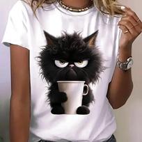 Cat Print T-shirt Casual Short Sleeve Crew Neck Top For Spring & Summer Women's Clothing Sweet Print Summer T Clothing T-shirts M smėlis