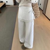 White Niche Fake Two-piece Lace Straight-leg Pants for Women In Summer High Waist Loose Wide-leg Pants Casual Pants Floor Pants S white