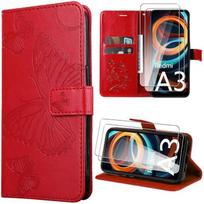 Coque pour Xiaomi Redmi A3, Rouge, Simili Cuir à Motif Papillon avec Fentes pour Cartes et Support + 2 Verres Trempés