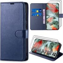 Case + 2 Tempered Glasses for Google Pixel 9 Pro XL, Anti-Scratch Soft Faux Leather Card Holder - Navy Blue