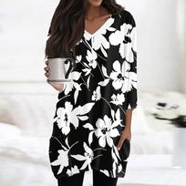Women's Casual V-neck 3/4 Sleeve Vintage Floral Print Top L juoda