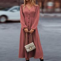 Moteriška vienspalvė V formos iškirptė, elegantiška A linijos suknelė ilgomis rankovėmis XL šviesiai ruda spalva