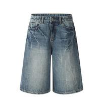 New Mens Jeans Japanese Streetwear Washed Distress Baggy Wide Leg Design Cargo Pants Summer Fashion Casual Knee Length Pants Man S mėlyna