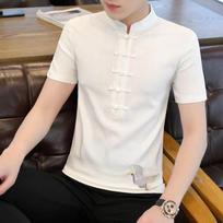 Men Mandarin Collar Frog Button Short Sleeve White T Shirt Crane Print M balta