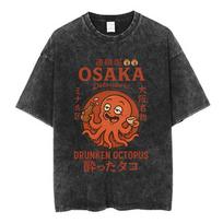 Vintažiniai plauti Osaka Dotonbori Girtas aštuonkojis Takoyaki Juokingi marškinėliai Vyrams Moterims Retro japoniško stiliaus per dideli medvilniniai marškinėliai L gray