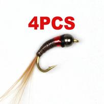 Bimoo 4PCS Nr. 14 Volframo karoliukų galvutė Povas Plunksna Jig Nymph Fly red