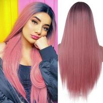 MISS WIG Long Straight Synthetic Wigs Ombre Black Pink Wig for Women Cosplay Natural Middle Part Hair Wig High Temperature Fiber