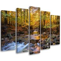 Penkių dalių paveikslų spausdinimas ant drobės Forest Autumn Brook Nature 100x70 oranžinė