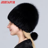 JERYAFUR Moteriška žieminė kailio kepurė Natūralaus kailio Megztos Mink Fox Pom Pom Kailio kepurės su kamuoliukais Stilinga šilta mada mergaičių pupelių kepurė