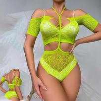 „Elastity“ moteriškas „Sling Neck“ seksualus nėriniuotas apatinio trikotažo rinkinys, permatomas naktinio klubo „Catsuit Teddies“ apatinio trikotažo liemenėlės ir apatinio trikotažo rinkinys S žalia
