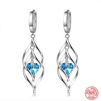 925 Silver Hollow Blue Crystal Long Drop Earrings For Women Fashion Wedding Jewelry Gift gray