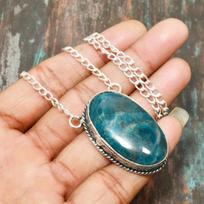 Neon Blue Apatite Gemstone Handmade 925 Sterling Silver Jewelry Necklace For Women 19.5 Inches mėlyna