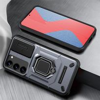 KEYSION Shockproof Armor Case for Samsung S23 Ultra 5G Slide Camera Lens Protection Ring Stand Phone Cover for Galaxy S23+ Plus for Galaxy S23 pilka spalva